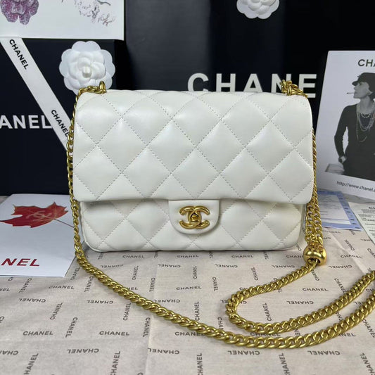 CHANEL 25C Mini Flap 24cm White Lambskin Gold Heart Hardware