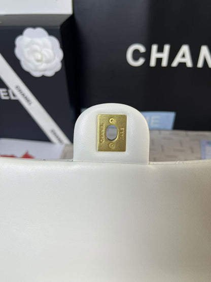 CHANEL 25C Mini Flap 24cm White Lambskin Gold Heart Hardware