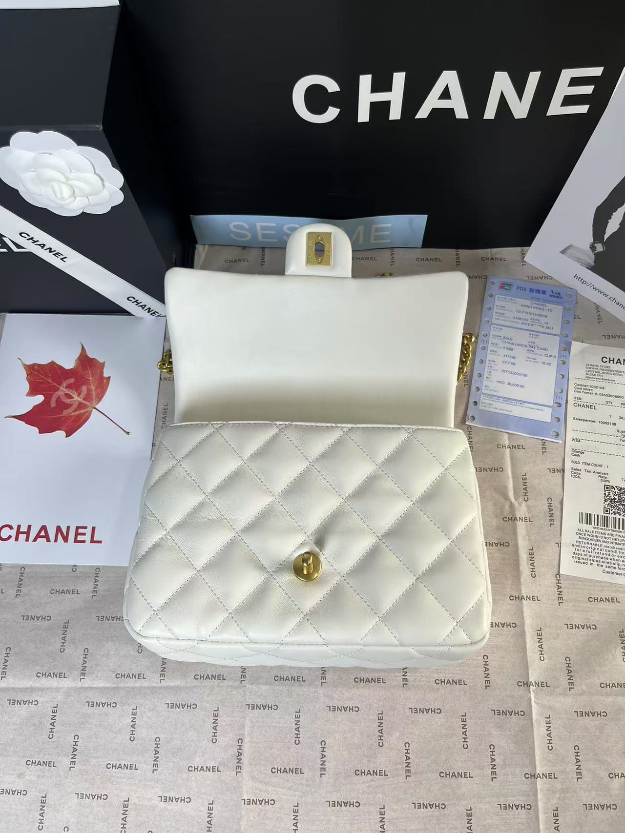 CHANEL 25C Mini Flap 24cm White Lambskin Gold Heart Hardware