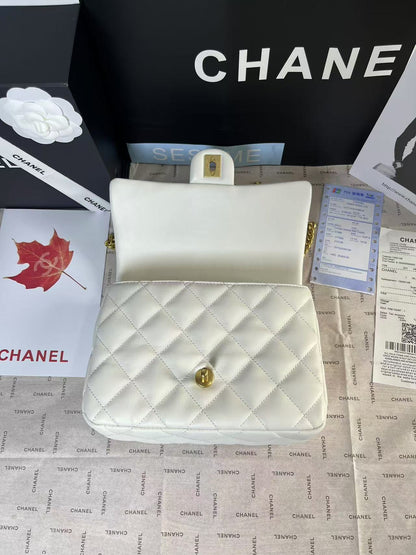 CHANEL 25C Mini Flap 24cm White Lambskin Gold Heart Hardware