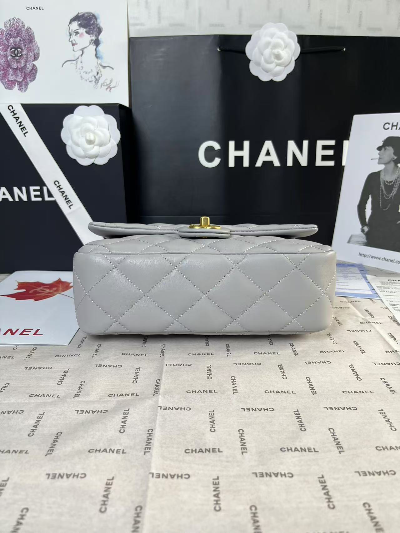 CHANEL 25C Mini Flap 24cm Grey Lambskin Gold Heart Hardware