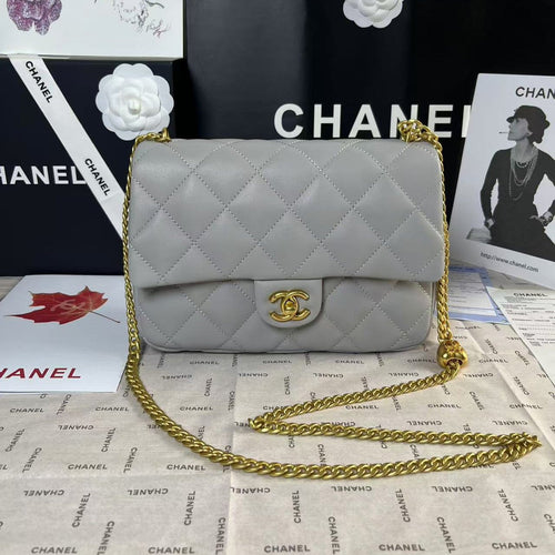 CHANEL 25C Mini Flap 24cm Grey Lambskin Gold Heart Hardware
