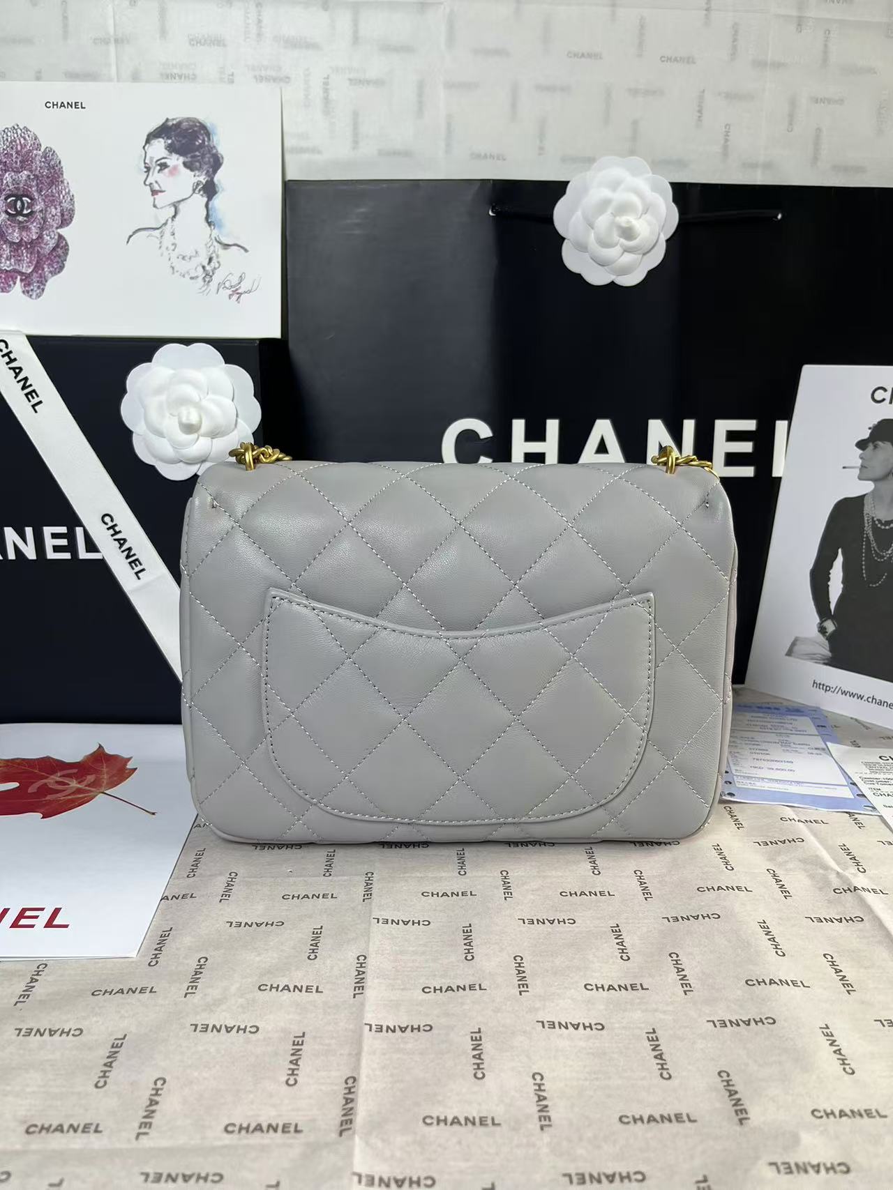 CHANEL 25C Mini Flap 24cm Grey Lambskin Gold Heart Hardware