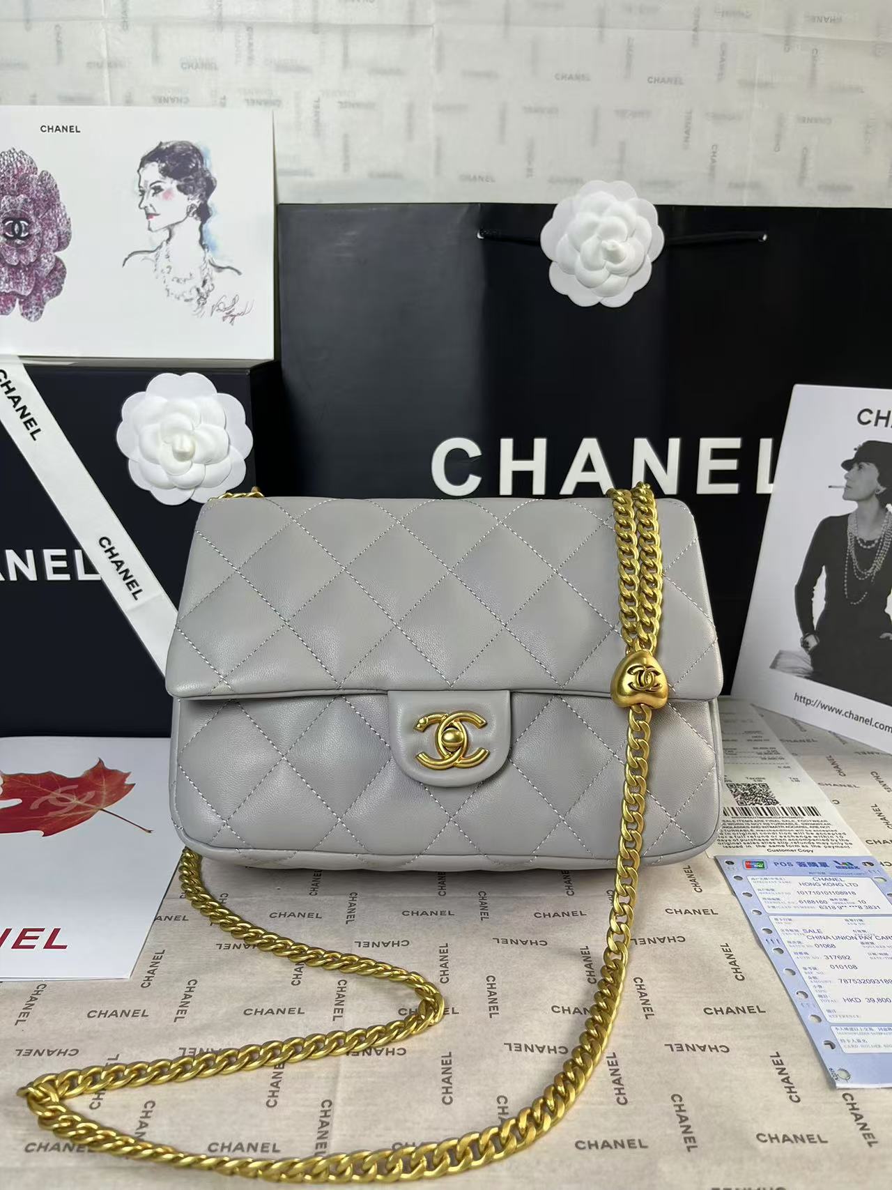 CHANEL 25C Mini Flap 24cm Grey Lambskin Gold Heart Hardware
