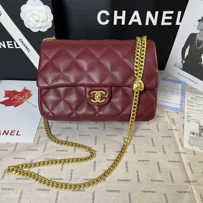 CHANEL 25C Mini Flap 24cm Burgundy Lambskin Gold Heart Hardware