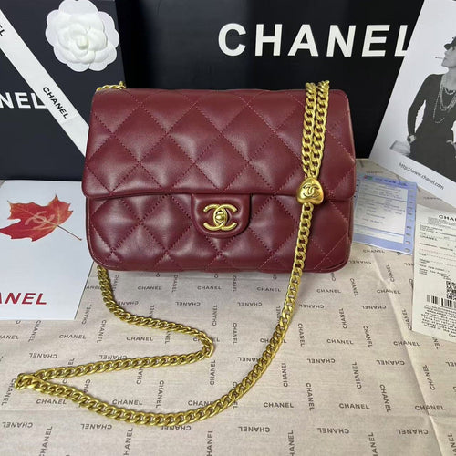 CHANEL 25C Mini Flap 24cm Burgundy Lambskin Gold Heart Hardware