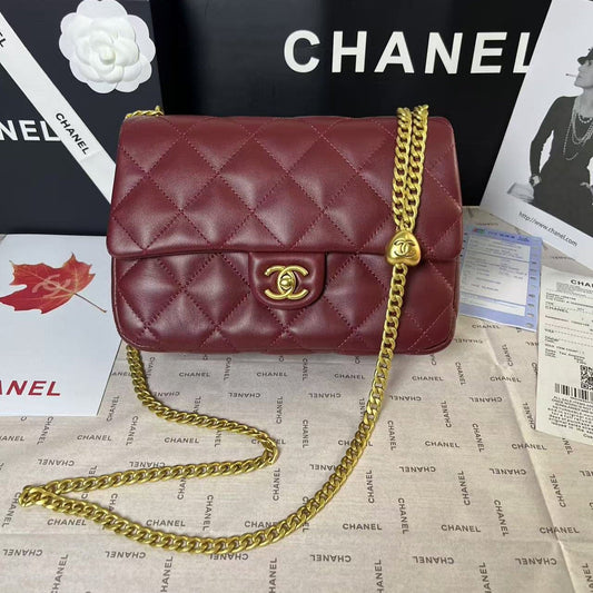 CHANEL 25C Mini Flap 24cm Burgundy Lambskin Gold Heart Hardware