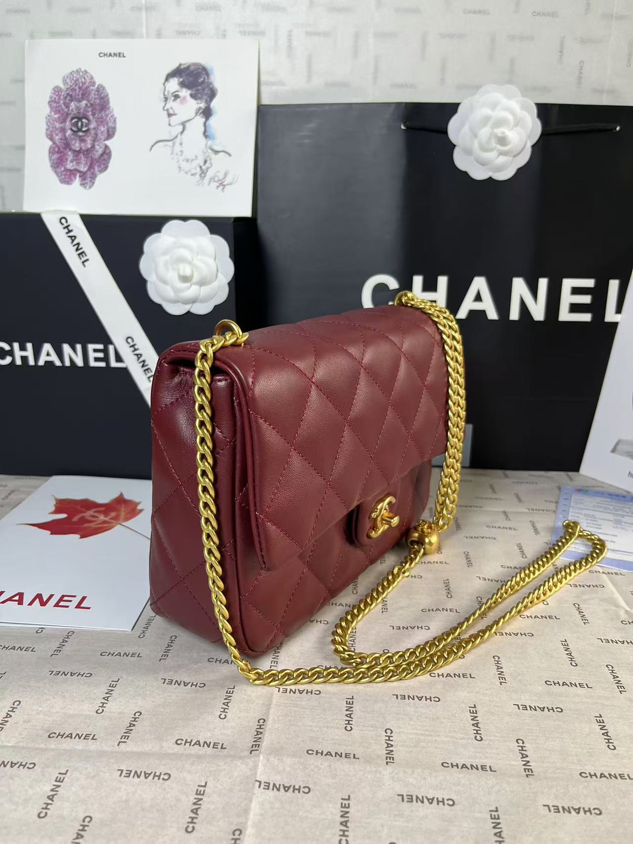 CHANEL 25C Mini Flap 24cm Burgundy Lambskin Gold Heart Hardware