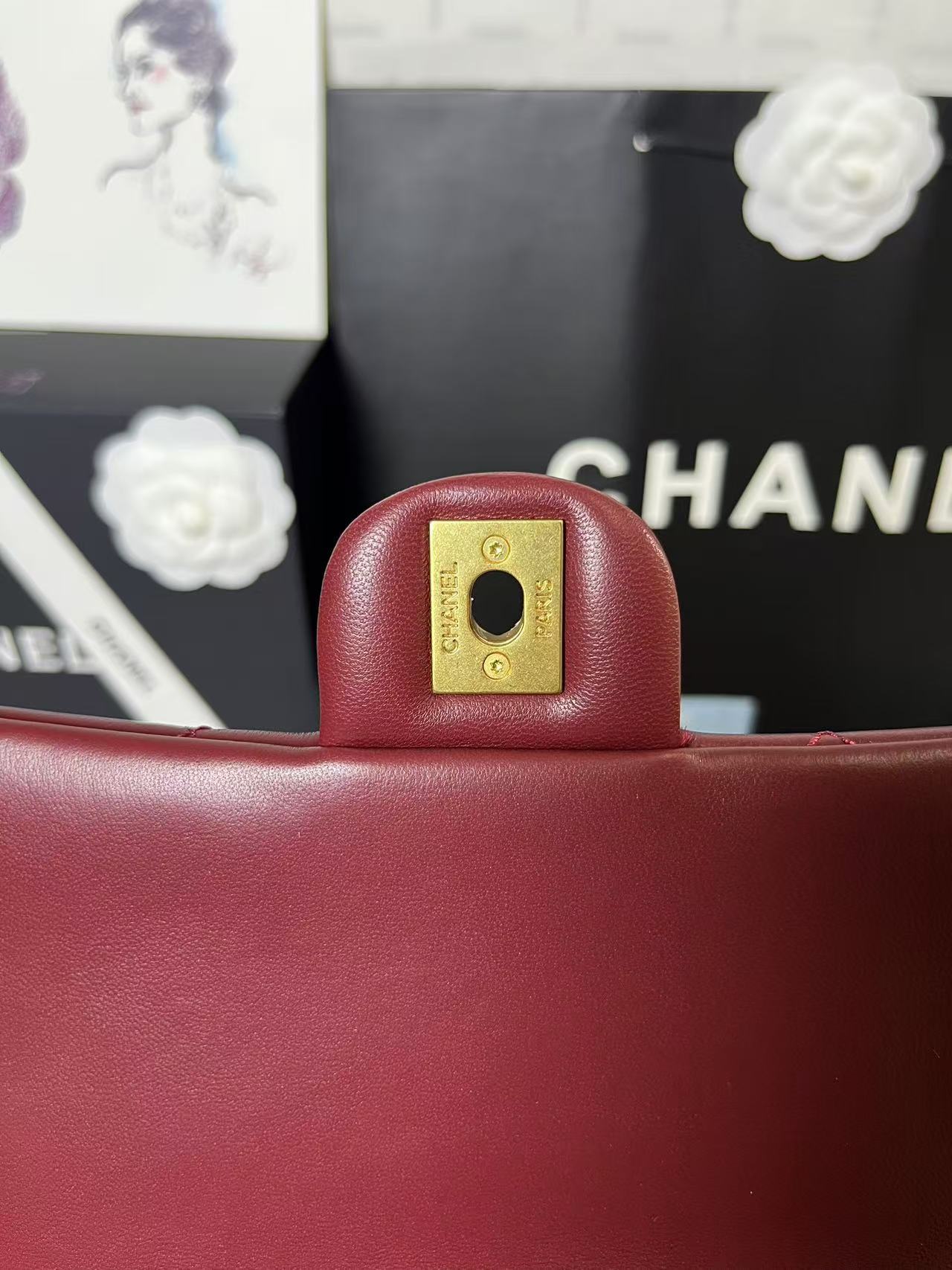 CHANEL 25C Mini Flap 24cm Burgundy Lambskin Gold Heart Hardware