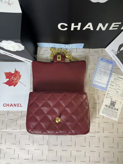 CHANEL 25C Mini Flap 24cm Burgundy Lambskin Gold Heart Hardware