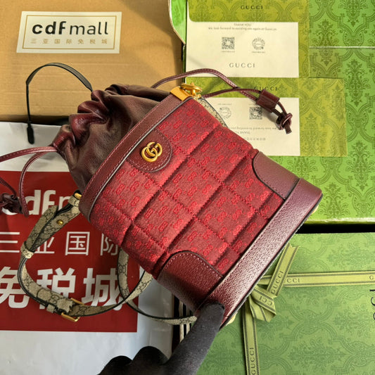 Gucci BUCKET BAG 18 IN BURGUNDY RED CANVAS AND CALFSKIN GOLD HARDWARE