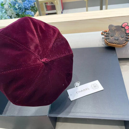 CHANEL BERET HAT IN MAROON RED VELVET 413325