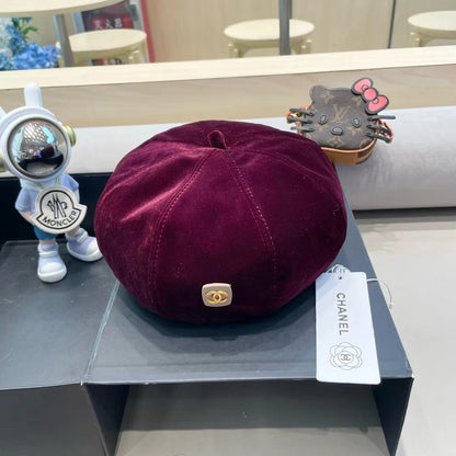CHANEL BERET HAT IN MAROON RED VELVET 413325