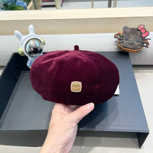 CHANEL BERET HAT IN MAROON RED VELVET 413325