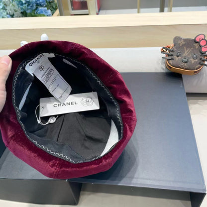CHANEL BERET HAT IN MAROON RED VELVET 413325