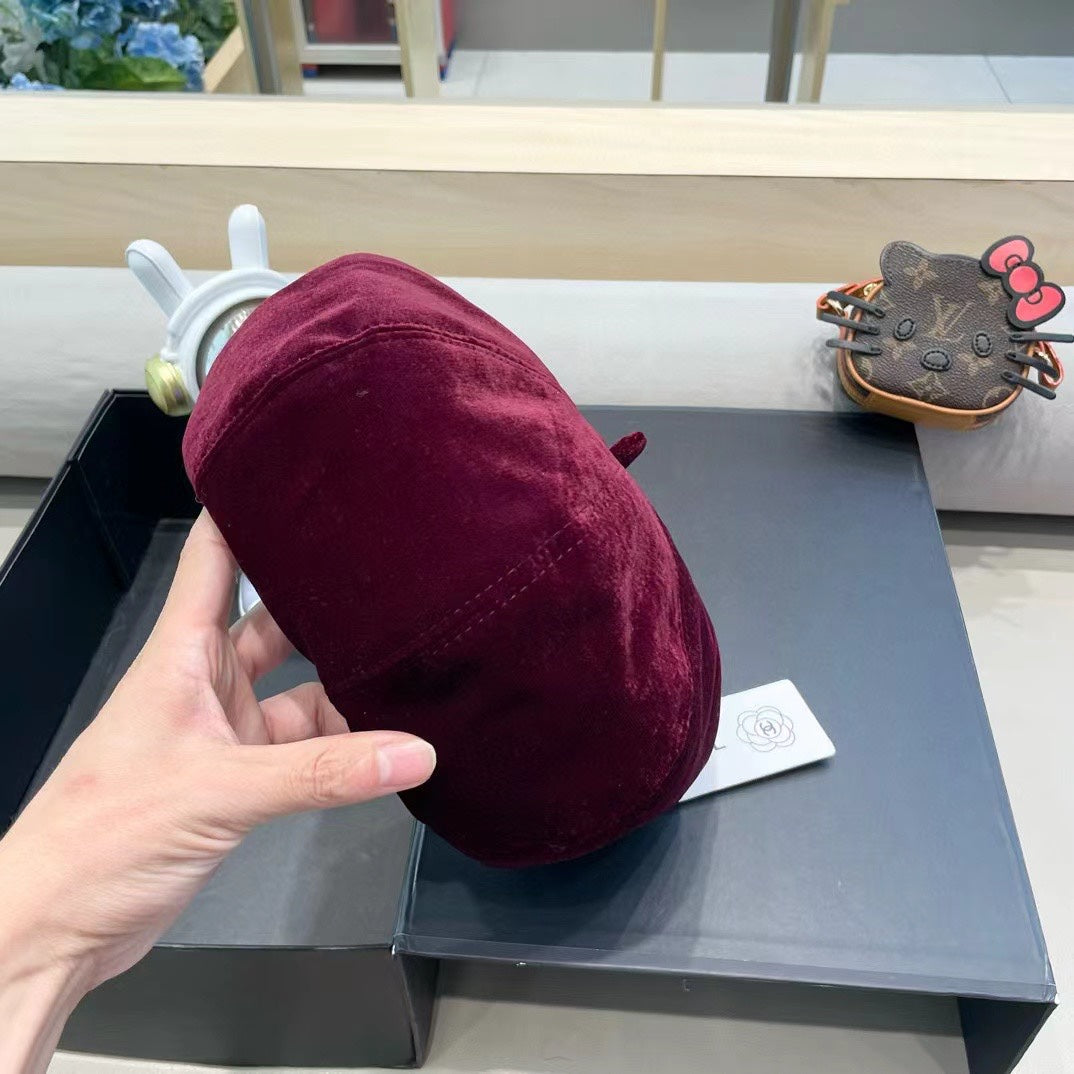 CHANEL BERET HAT IN MAROON RED VELVET 413325