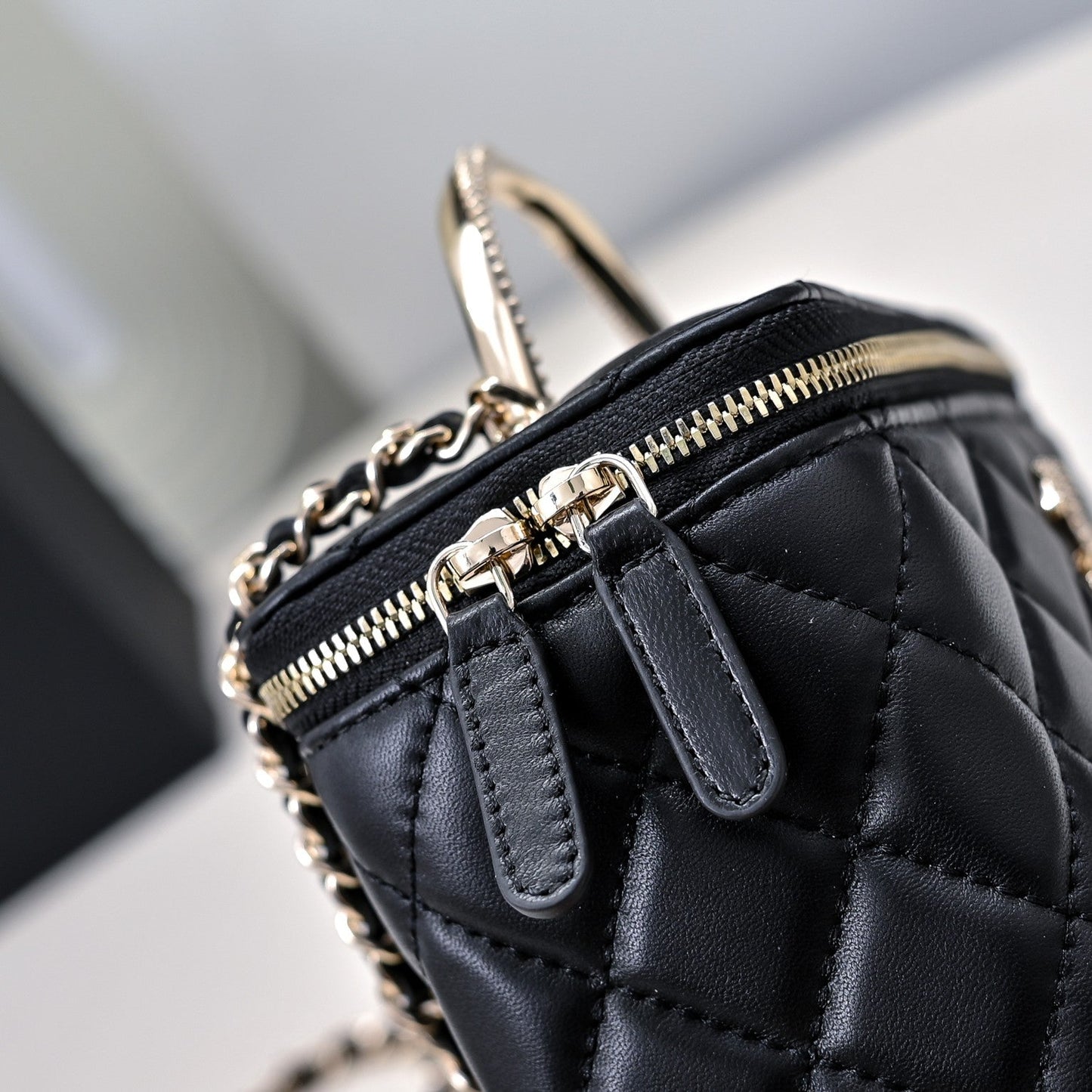 CHANEL 24K Vanity Top Handle 17cm Black Lambskin Silver Hardware