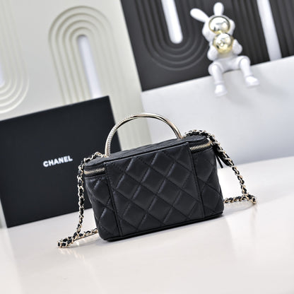 CHANEL 24K Vanity Top Handle 17cm Black Lambskin Silver Hardware