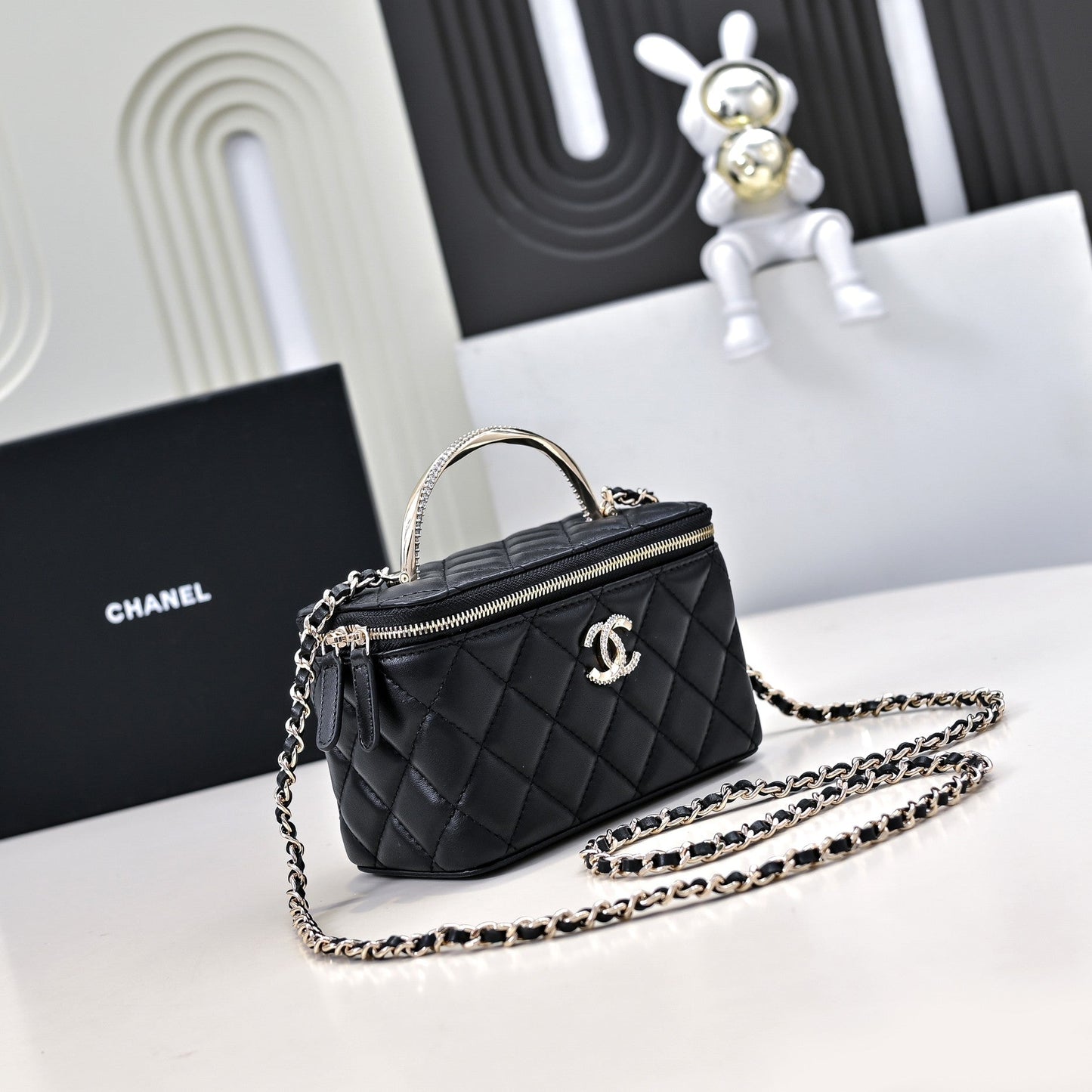 CHANEL 24K Vanity Top Handle 17cm Black Lambskin Silver Hardware