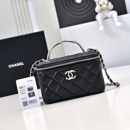 CHANEL 24K Vanity Top Handle 17cm Black Lambskin Silver Hardware
