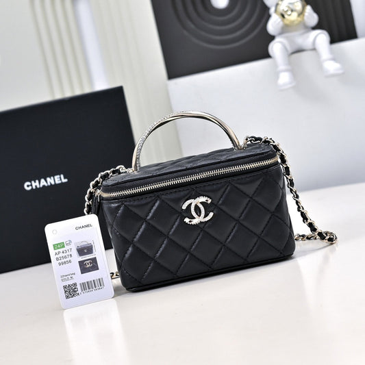 CHANEL 24K Vanity Top Handle 17cm Black Lambskin Silver Hardware
