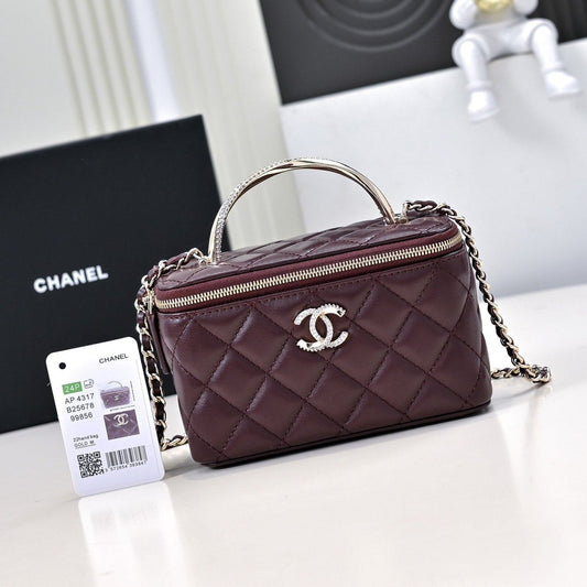 CHANEL 24K Vanity Top Handle 17cm Burgundy Lambskin Silver Hardware