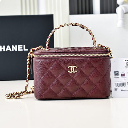 CHANEL 24A Vanity Top Handle 16cm Burgundy Grained Calfskin Gold Hardware