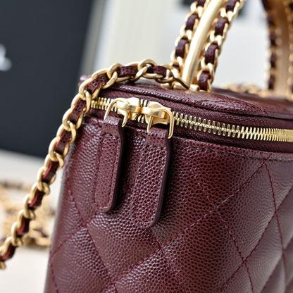 CHANEL 24A Vanity Top Handle 16cm Burgundy Grained Calfskin Gold Hardware