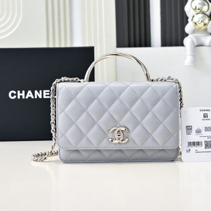 CHANEL 24K Woc Top Handle 19cm Light Grey Lambskin Light Gold Hardware