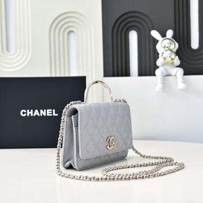 CHANEL 24K Woc Top Handle 19cm Light Grey Lambskin Light Gold Hardware