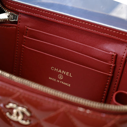 CHANEL 24P Vanity Top Handle 16.5cm Black Patent Calfskin Light Gold Hardware