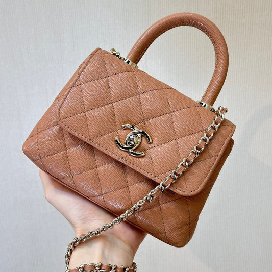 CHANEL 24K Coco Handle Nano 14.5cm Begie Grained Calfskin Gold Hardware