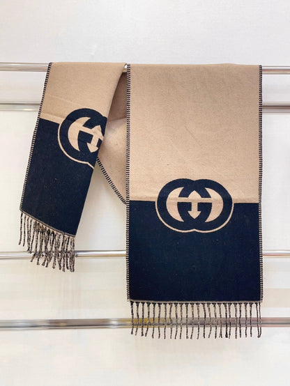 Gucci CAMEL BEIGE AND BLACK WOOL WITH INTERLOCKING G SCARF 200 CM