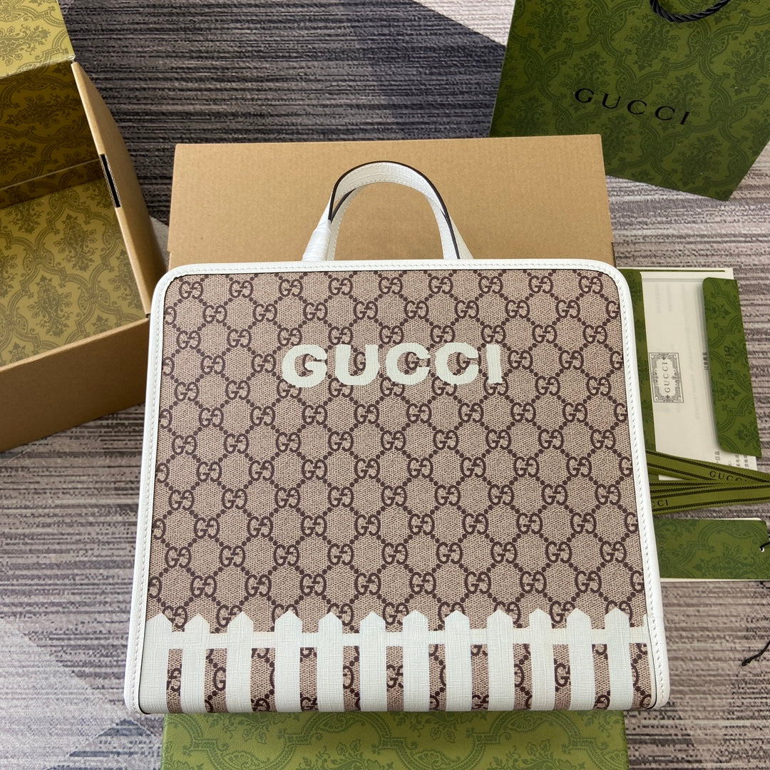 Gucci ANIMAL PRINT TOTE BAG 28 IN BEIGE CANVAS AND WHITE CALFSKIN TRIM