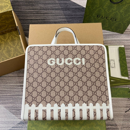 Gucci ANIMAL PRINT TOTE BAG 28 IN BEIGE CANVAS AND WHITE CALFSKIN TRIM