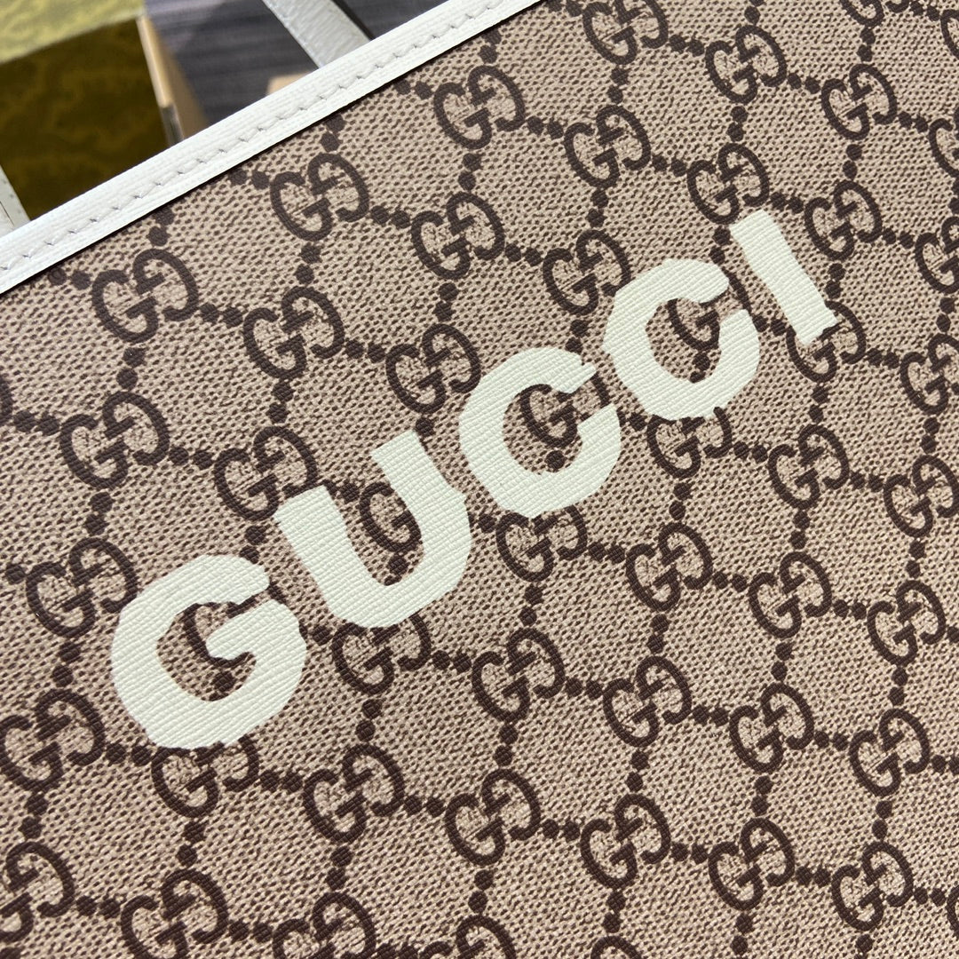 Gucci ANIMAL PRINT TOTE BAG 28 IN BEIGE CANVAS AND WHITE CALFSKIN TRIM