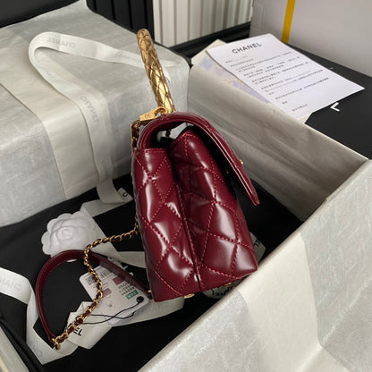 CHANEL 24A Coco Handle Small 23cm Burgundy Patent Calfskin Gold Hardware