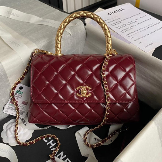 CHANEL 24A Coco Handle Small 23cm Burgundy Patent Calfskin Gold Hardware