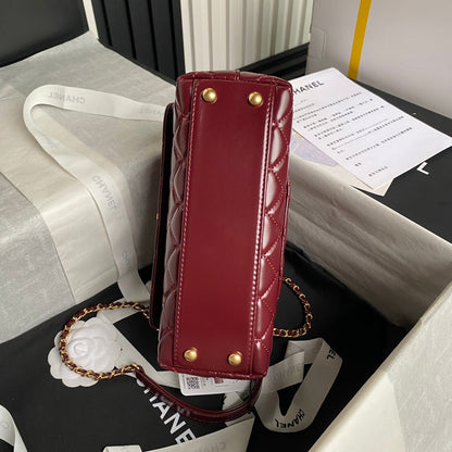 CHANEL 24A Coco Handle Small 23cm Burgundy Patent Calfskin Gold Hardware
