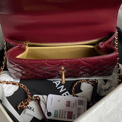 CHANEL 24A Coco Handle Small 23cm Burgundy Patent Calfskin Gold Hardware