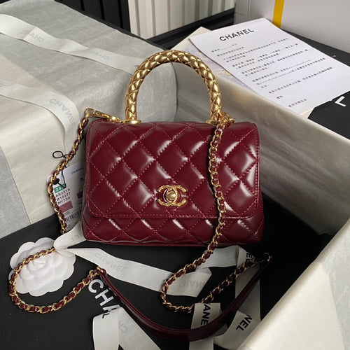 CHANEL 24A Coco Handle Mini 19cm Burgundy Patent Calfskin Gold Hardware