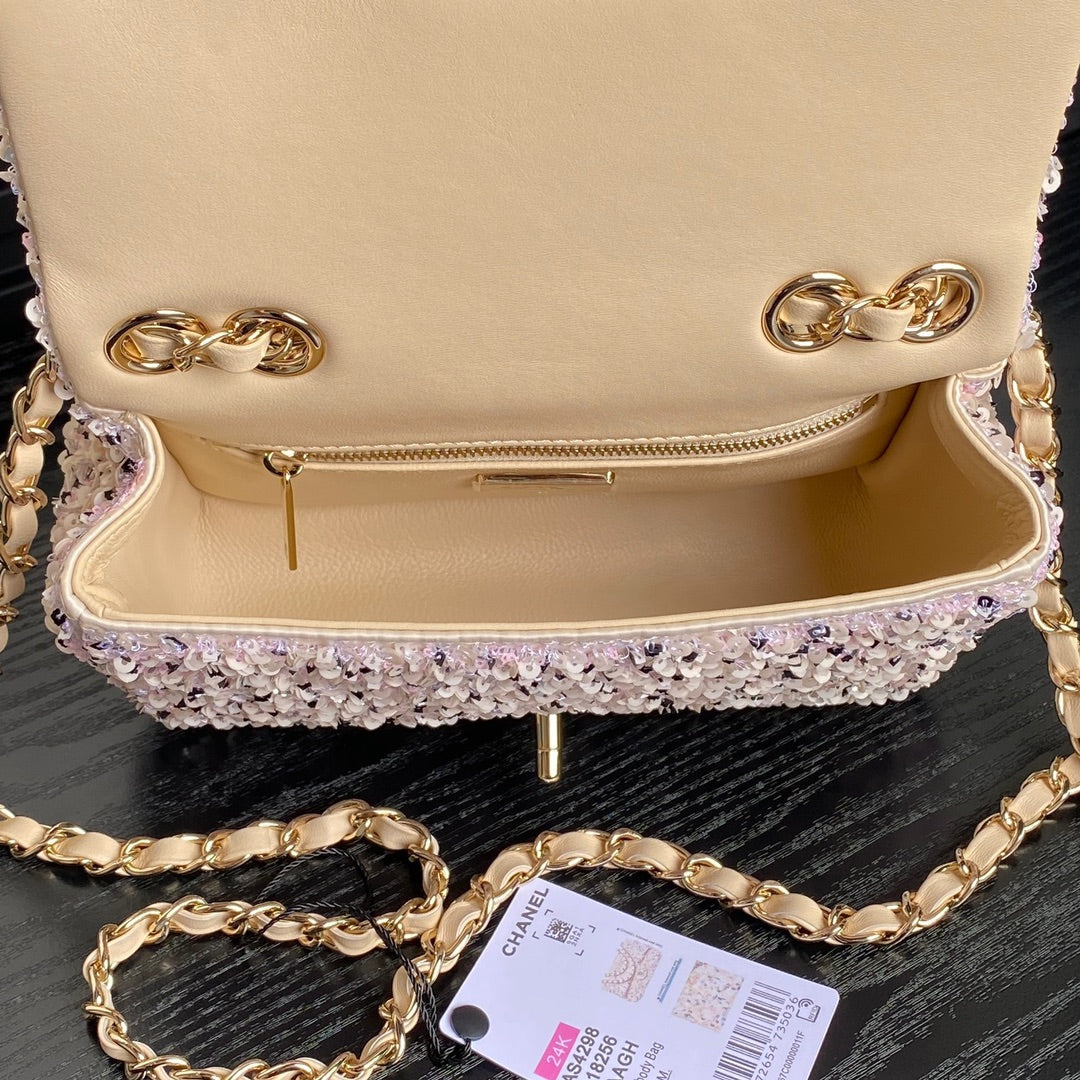 CHANEL 24K Flap Bag 20cm Pink White Sequin Beige Lambskin