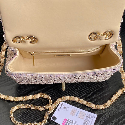 CHANEL 24K Flap Bag 20cm Pink White Sequin Beige Lambskin