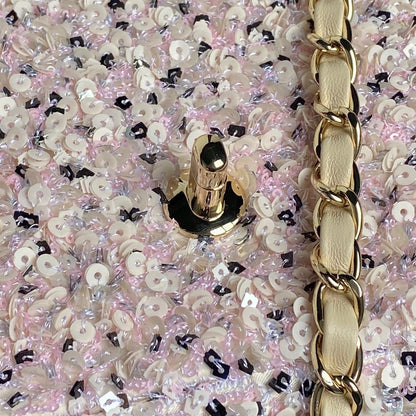 CHANEL 24K Flap Bag 20cm Pink White Sequin Beige Lambskin