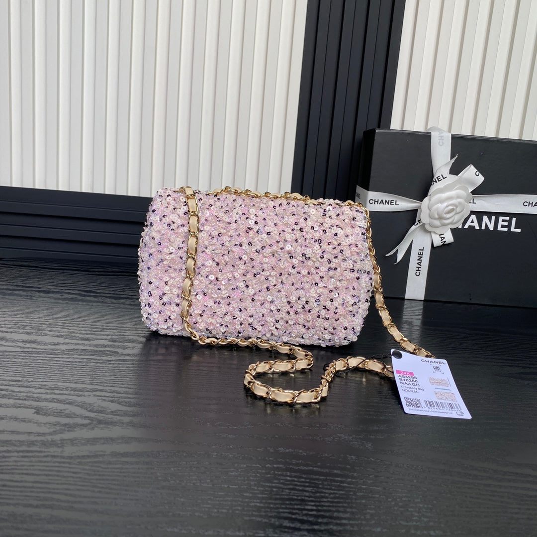 CHANEL 24K Flap Bag 20cm Pink White Sequin Beige Lambskin
