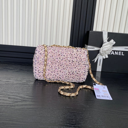 CHANEL 24K Flap Bag 20cm Pink White Sequin Beige Lambskin