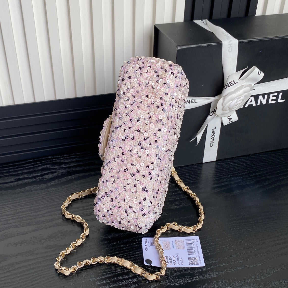 CHANEL 24K Flap Bag 20cm Pink White Sequin Beige Lambskin