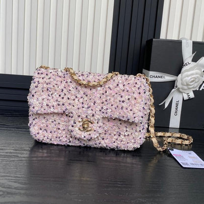 CHANEL 24K Flap Bag 20cm Pink White Sequin Beige Lambskin