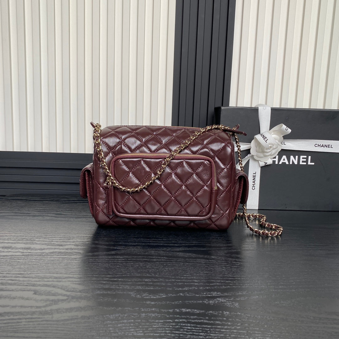 CHANEL 24K Camera Bag Burgundy Calfskin Gold Hardware