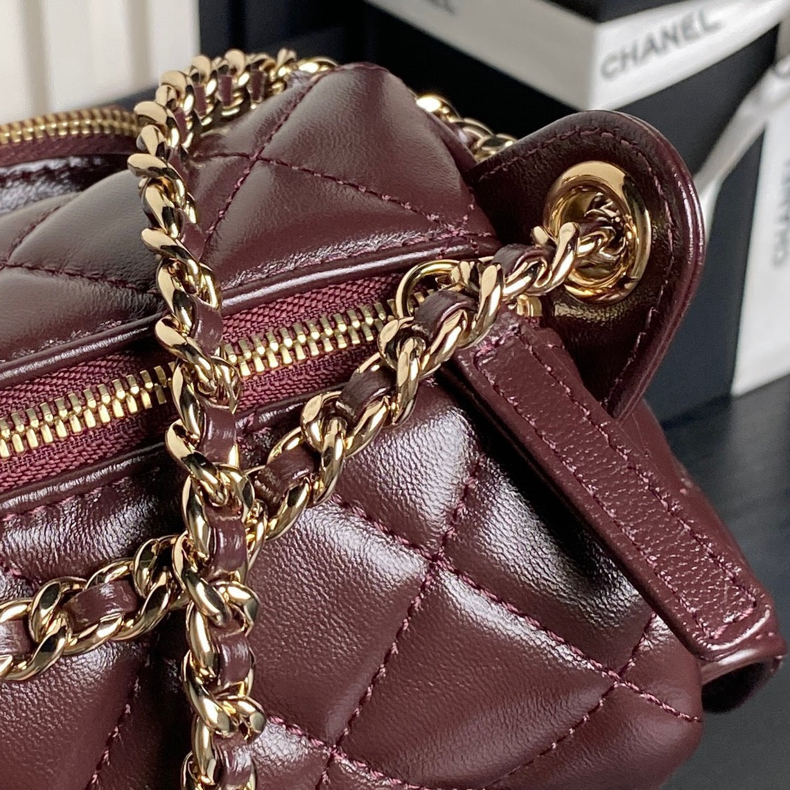 CHANEL 24K Camera Bag Burgundy Calfskin Gold Hardware